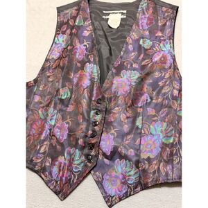 Iridescent Floral Boho Brocade Vest Womens L Button Front Retro Whimsigoth